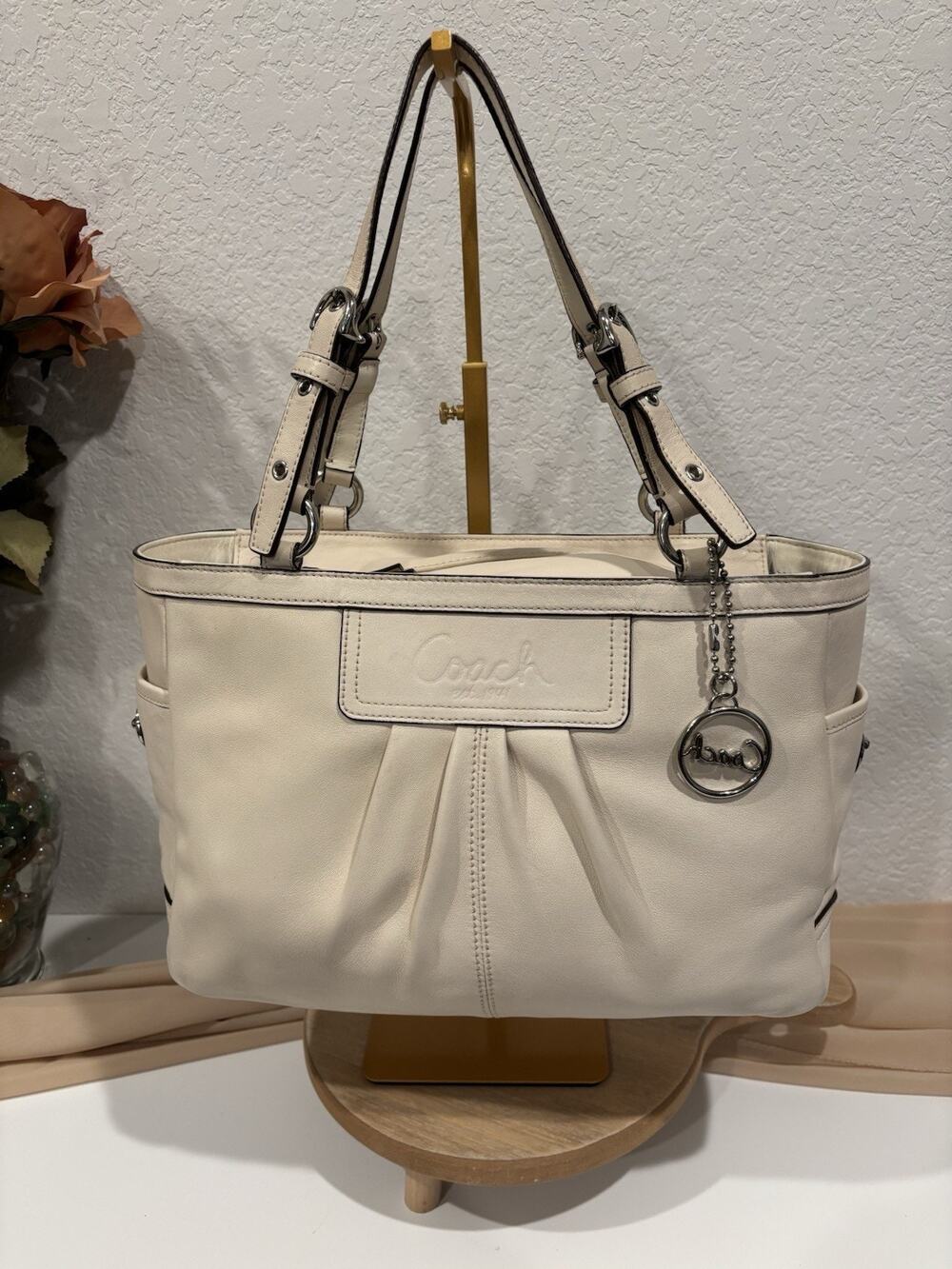 Coach Beige Solid Medium Shoulder Bag Zip Closure Bag Charm Silver Hardware